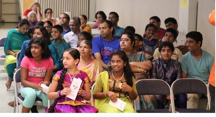 Srinivasa Ramanujan Mathematricks Club children with Sreenivasa at the Hindu Temple of St. Louis, from the India Post report