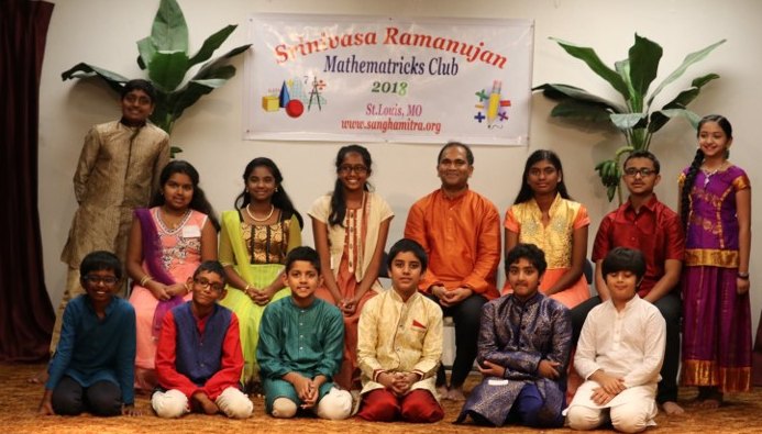 Students of the Srinivasa Ramanujan Mathematricks Club in front of the club banner, St. Louis, 2018