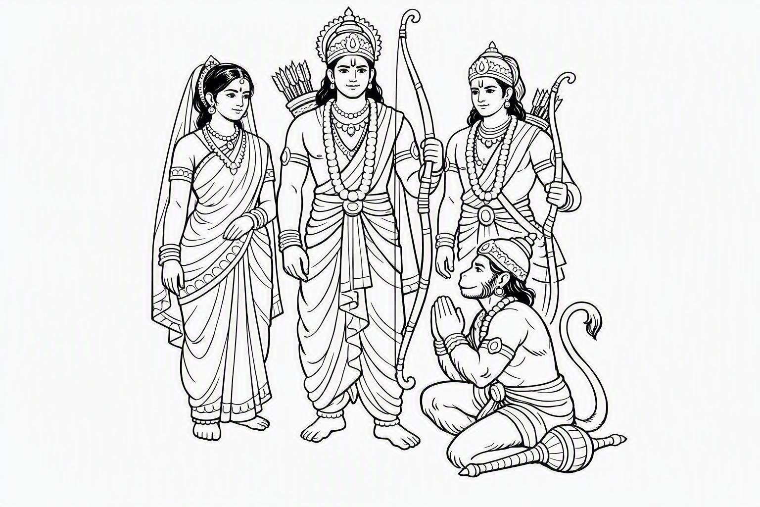A line drawing of the Rama darbar — Rama, Sita, Lakshmana and Hanuman